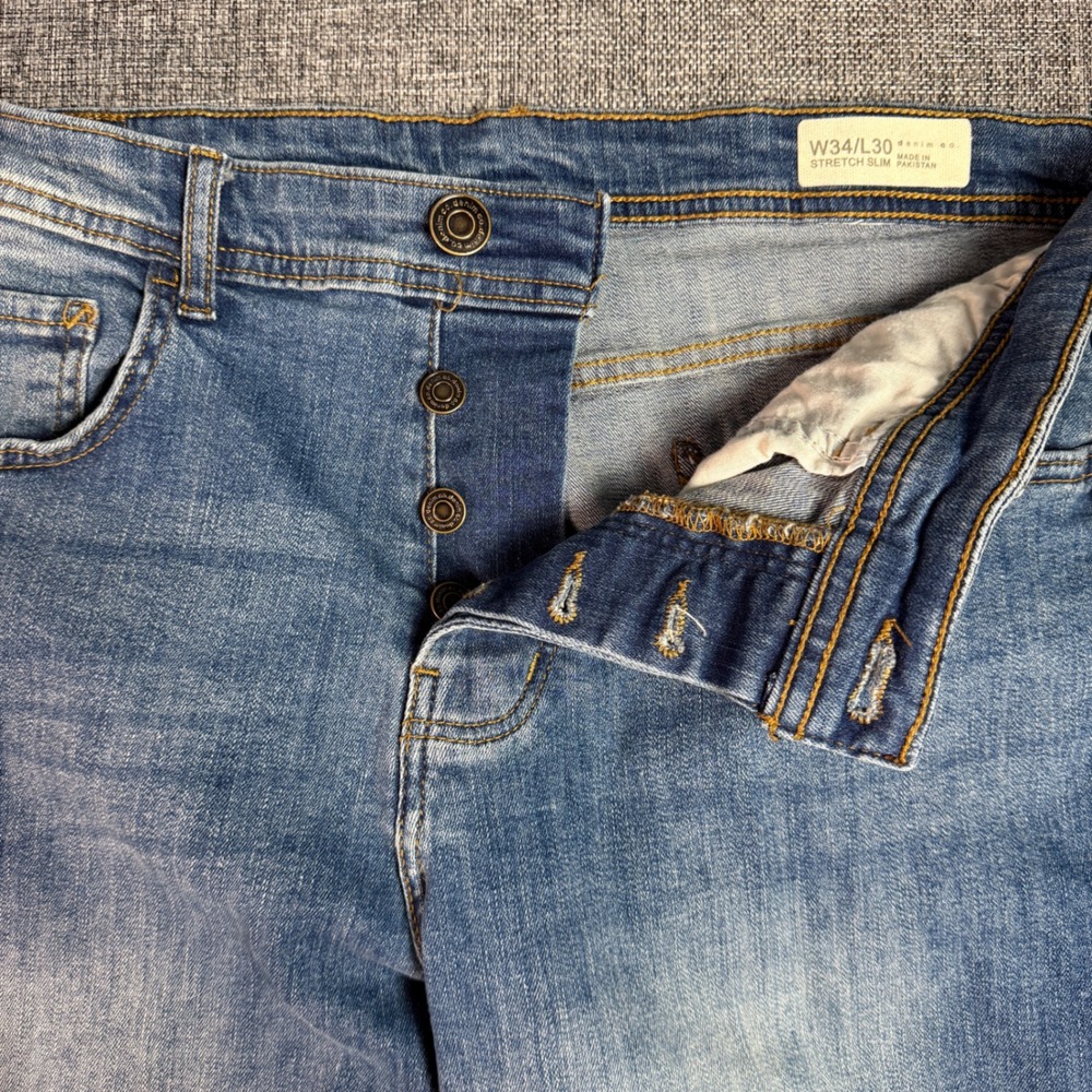 Mens‎ Denim Co Stretch Slim Jeans W34 L30 (fit L29) Blue Button Fly Denim Pants